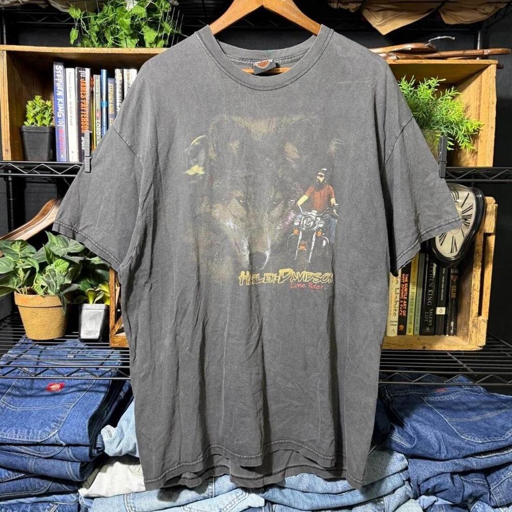 Vintage Y2K Harley Davidson Lone Rider Wolf Biker Tee Faded Black 2001 Shirt XL